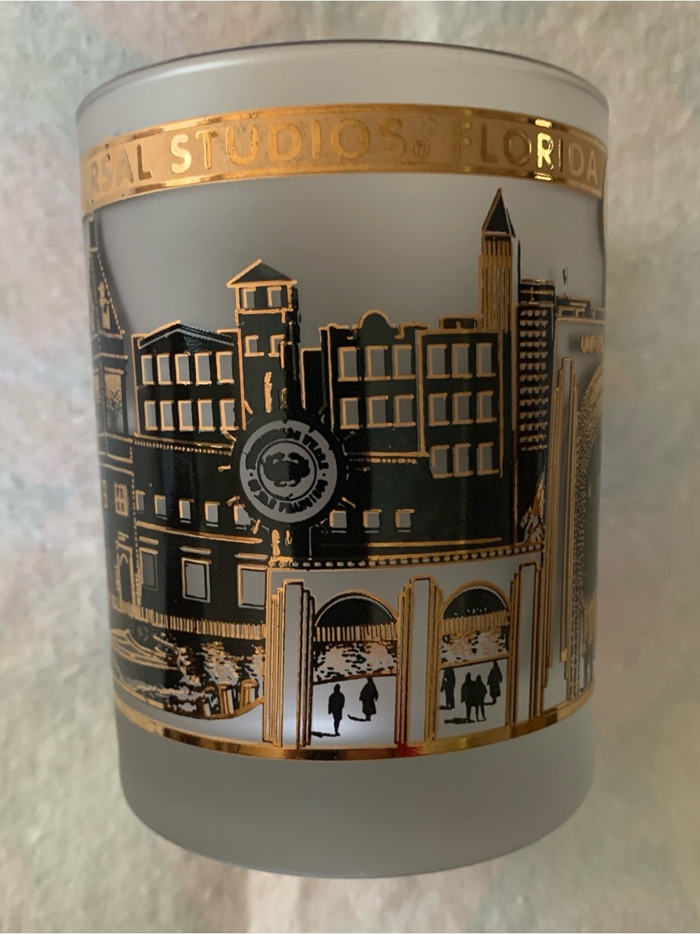 Universal Studios Florida Frosted White Glass with 22K Gold & Black Cityscape